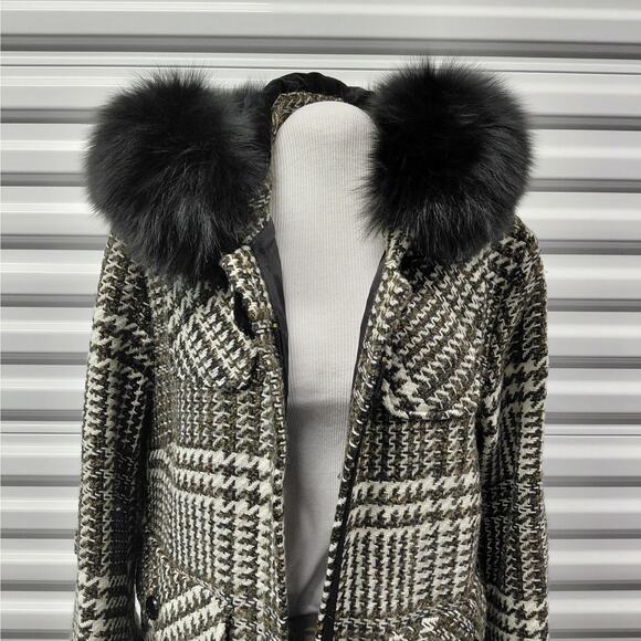 A.B.S. Allen Shwartz Womens Coat Size 14 Houndstooth Luxury Fur Hood Wool Blend - Picture 7 of 16